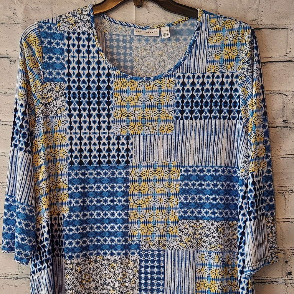 Susan Graver Womens XL Tunic Top Blue Slinky Patchwork Boho Cottage Asymmetrical